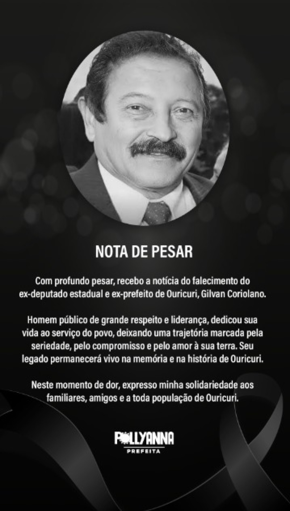 Prefeita Pollyanna Abreu se solidariza pelo falecimento de Gilvan Coriolano